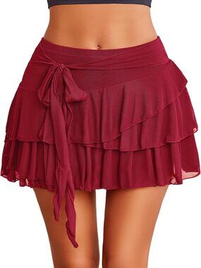Women's Mini Skirt Mesh Flowy Hem‎ Y2K Skirts Multi-Layer Ruffle Trim Lingerie